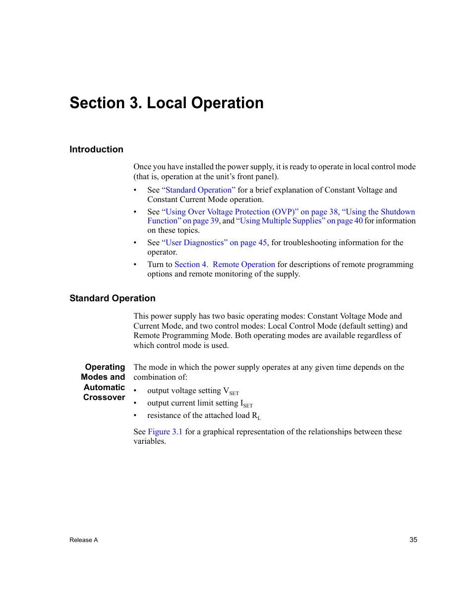 Section 3. local operation, Introduction, Standard operation | Operating modes and automatic crossover, Section 3, Local, Operation, Introduction standard operation | Xantrex Technology XPD 60-9 User Manual | Page 37 / 56