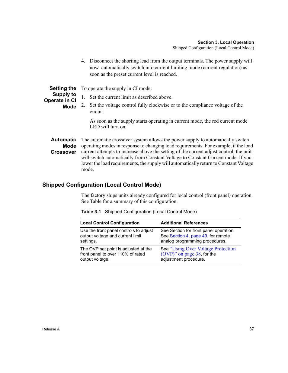 Setting the supply to operate in ci mode, Set the current limit as described above, Automatic mode crossover | Shipped configuration (local control mode) | Xantrex Technology XPD 60-9 User Manual | Page 39 / 56