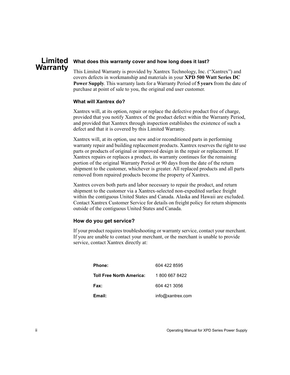 Limited warranty, What will xantrex do, How do you get service | Xantrex Technology XPD 60-9 User Manual | Page 4 / 56