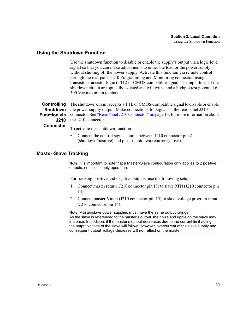 Using the shutdown function, Controlling shutdown function via j210 connector, Master-slave tracking | Note, Using the shutdown | Xantrex Technology XPD 60-9 User Manual | Page 41 / 56