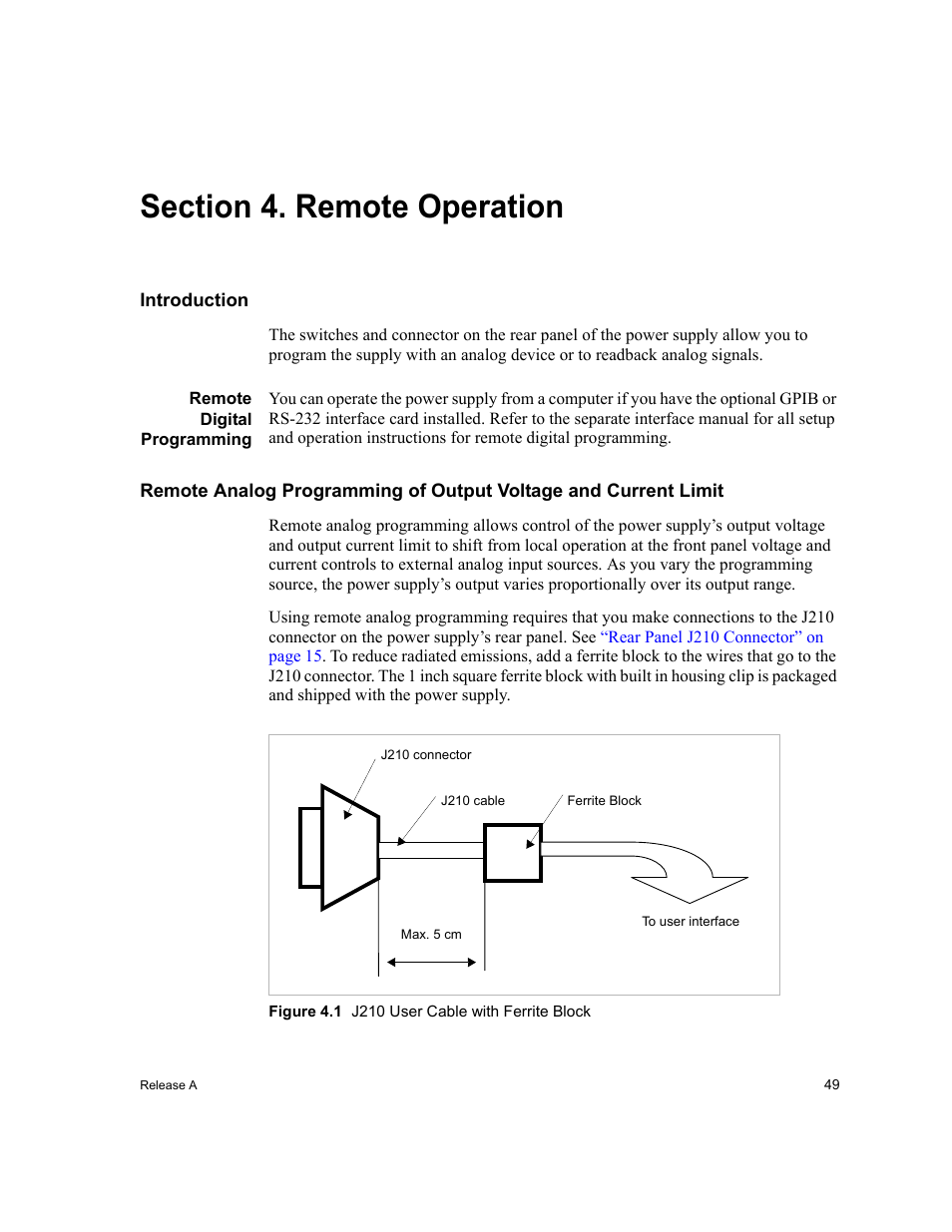 Section 4. remote operation, Introduction, Remote digital programming | Figure 4.1 j210 user cable with ferrite block, Section 4, Remote, Operation, Section 4. remote operation, Remote operation | Xantrex Technology XPD 60-9 User Manual | Page 51 / 56