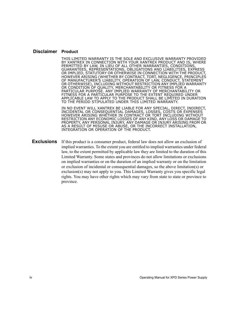 Disclaimer, Exclusions | Xantrex Technology XPD 60-9 User Manual | Page 6 / 56