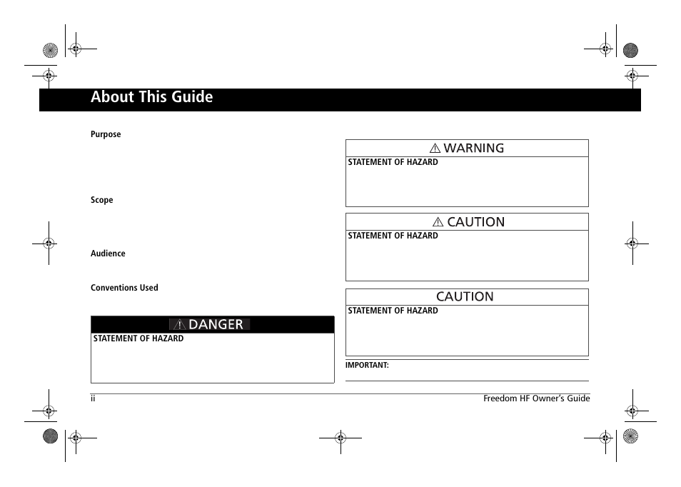 Purpose, Scope, Audience | Conventions used, About this guide | Xantrex Technology FREEDOM HF 1800 User Manual | Page 4 / 64