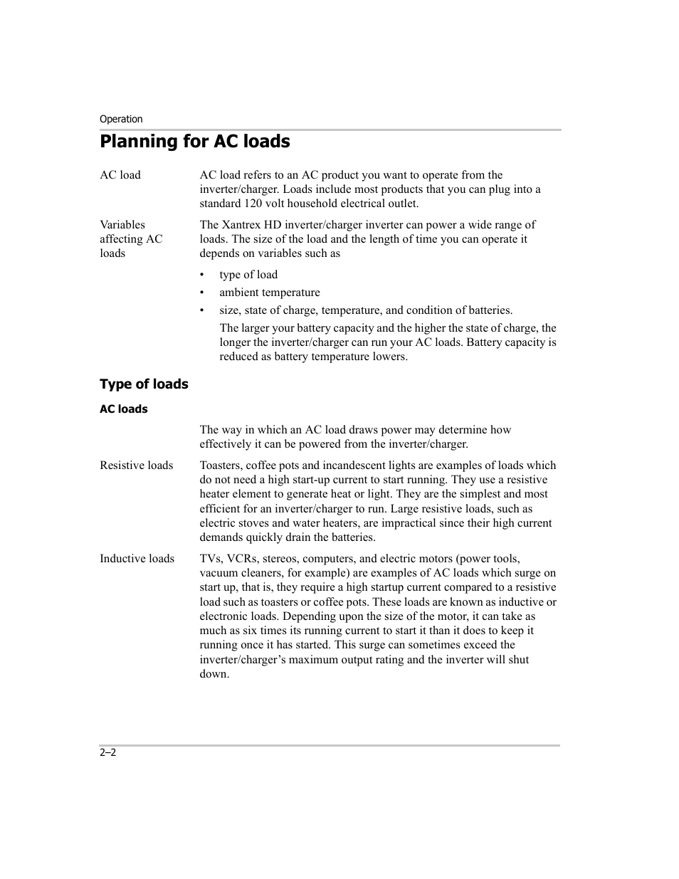 Planning for ac loads, Type of loads, Ac loads | Planning for ac loads –2, Type of loads –2, Ac loads –2 | Xantrex Technology RM1012 User Manual | Page 14 / 48