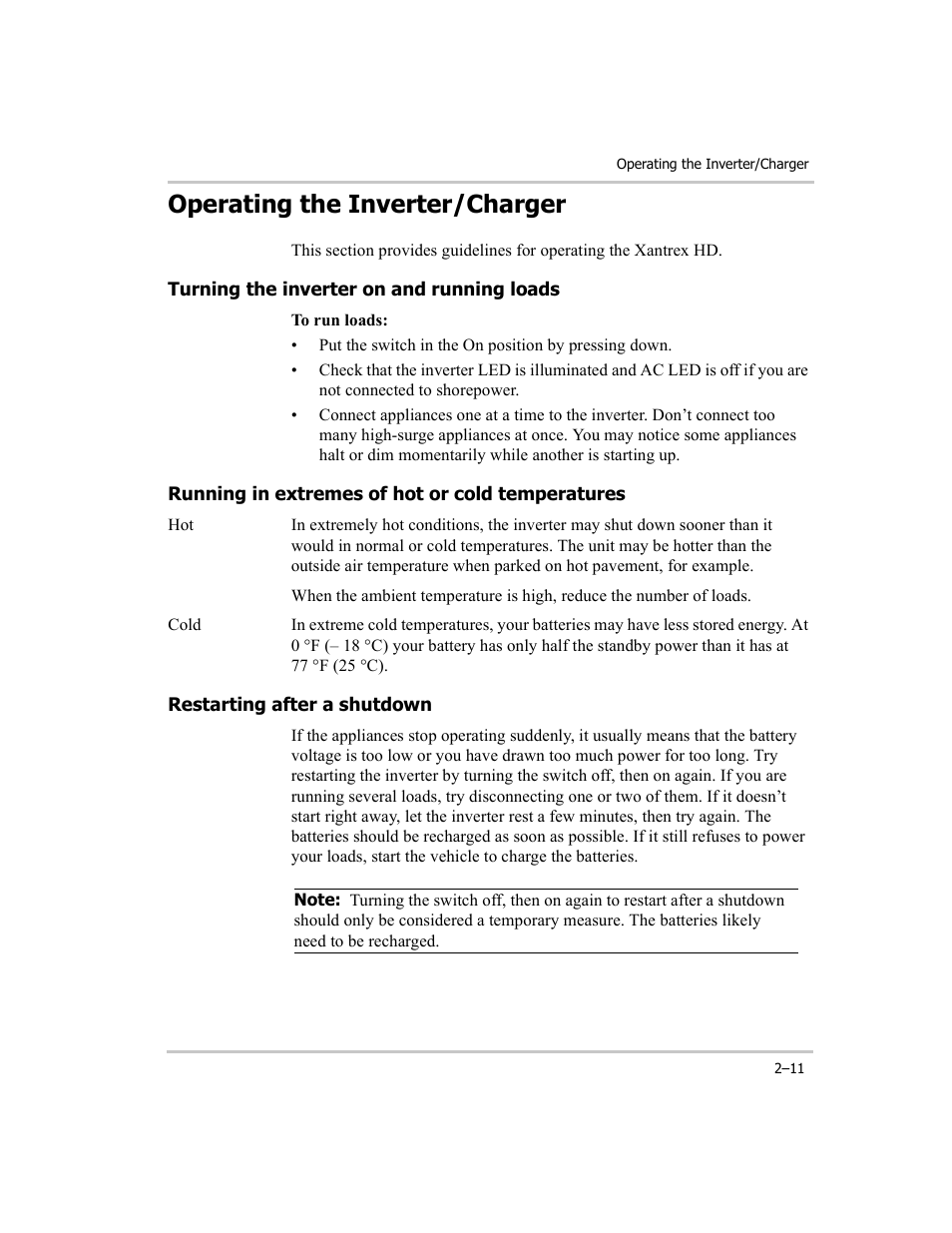 Operating the inverter/charger, Turning the inverter on and running loads, Running in extremes of hot or cold temperatures | Restarting after a shutdown, Operating the inverter/charger –11 | Xantrex Technology RM1012 User Manual | Page 23 / 48