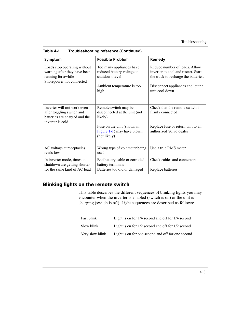 Blinking lights on the remote switch, Blinking lights on the remote switch –3 | Xantrex Technology RM1012 User Manual | Page 33 / 48