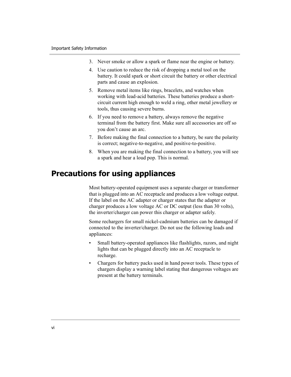 Precautions for using appliances | Xantrex Technology RM1012 User Manual | Page 6 / 48