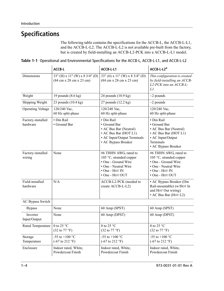 Specifications | Xantrex Technology ACCB-L User Manual | Page 18 / 64