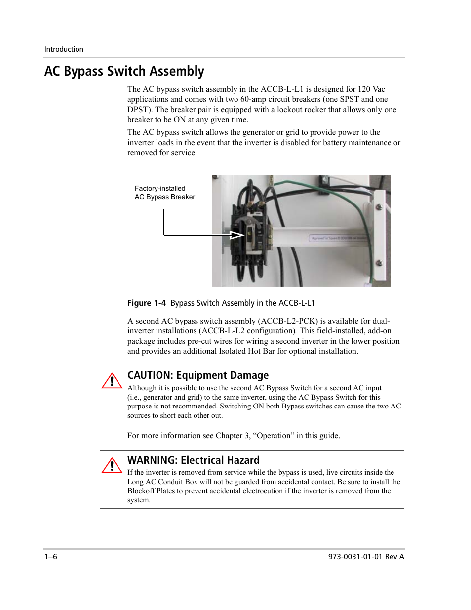 Ac bypass switch assembly, Caution: equipment damage, Warning: electrical hazard | Xantrex Technology ACCB-L User Manual | Page 20 / 64
