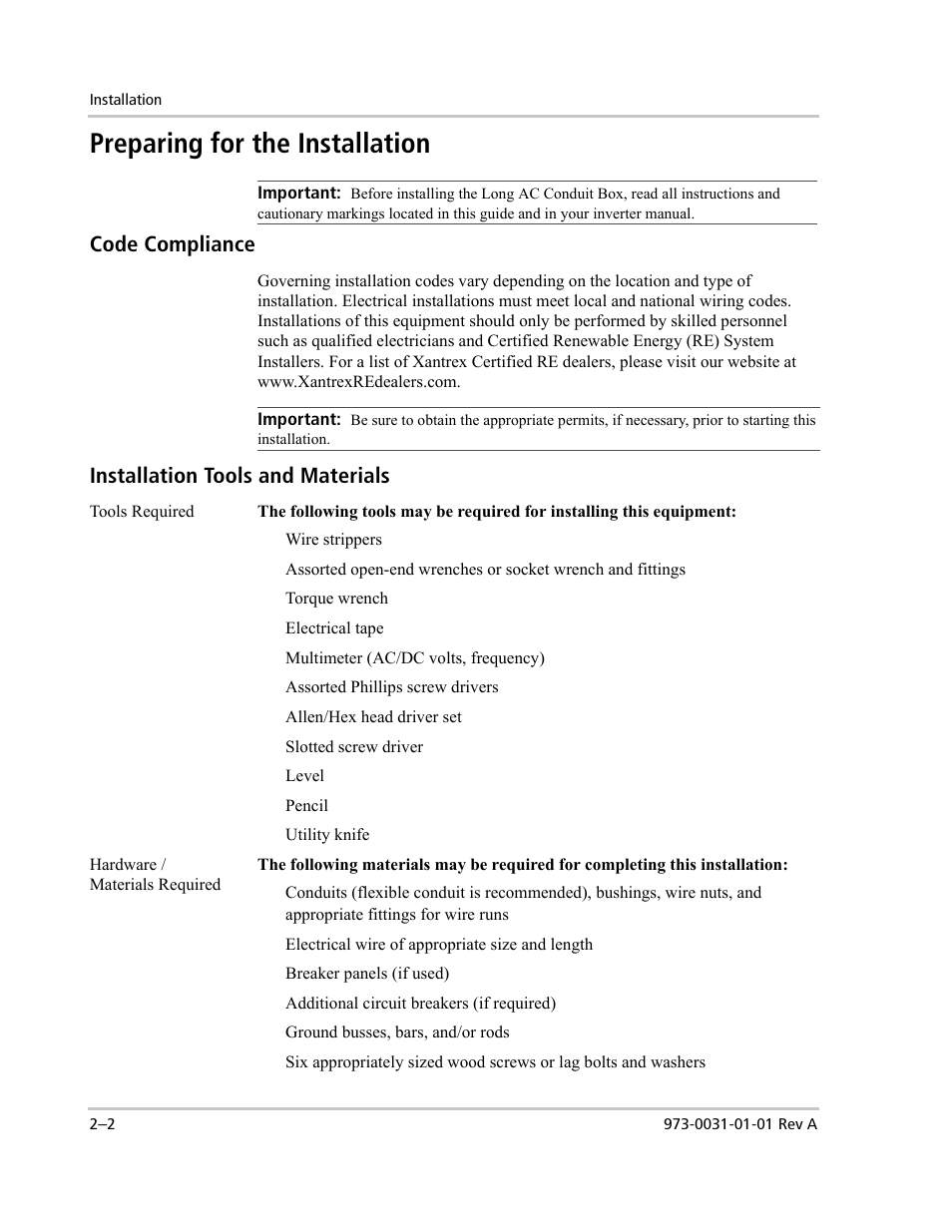 Preparing for the installation, Code compliance, Installation tools and materials | Xantrex Technology ACCB-L User Manual | Page 24 / 64