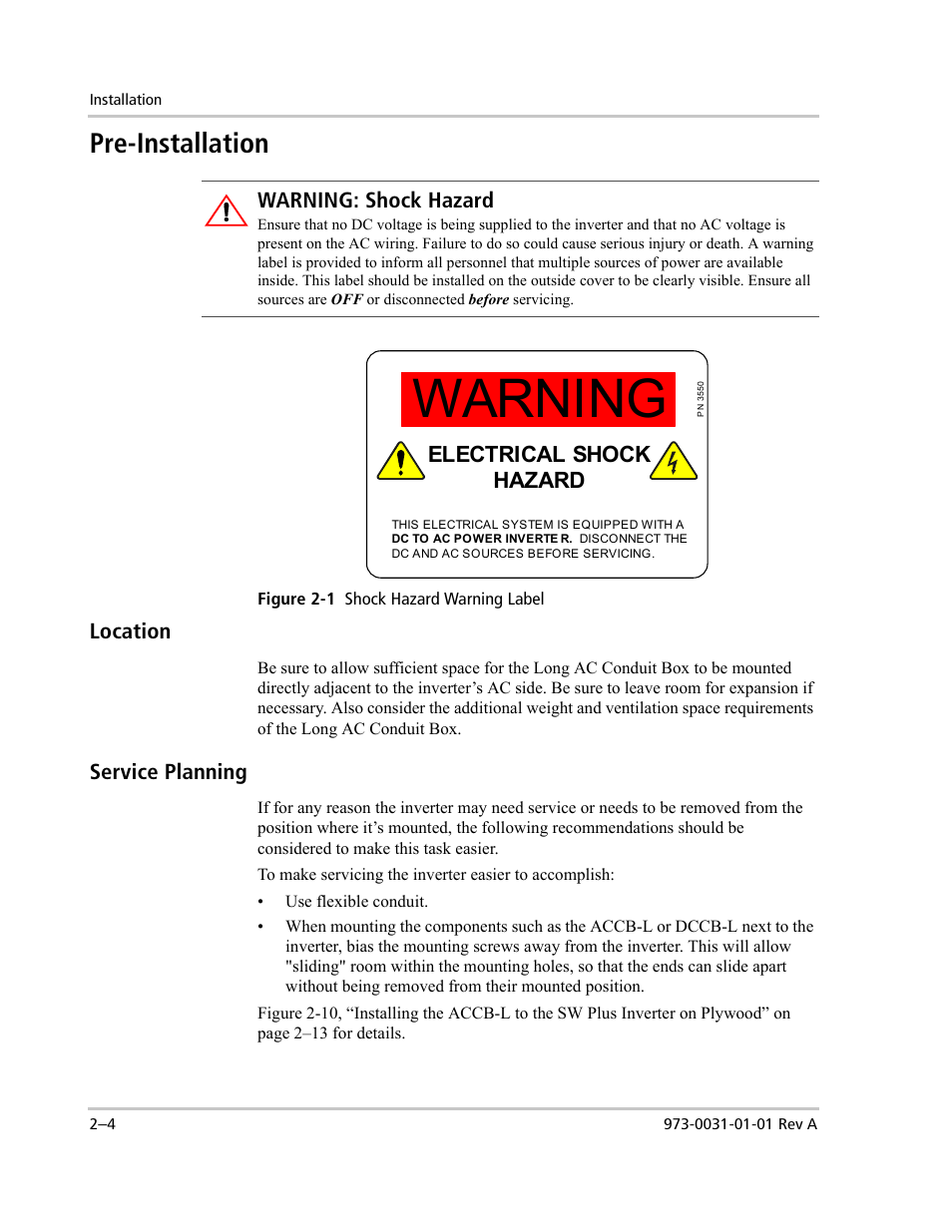 Warning, Pre-installation, Electrical shock hazard | Xantrex Technology ACCB-L User Manual | Page 26 / 64