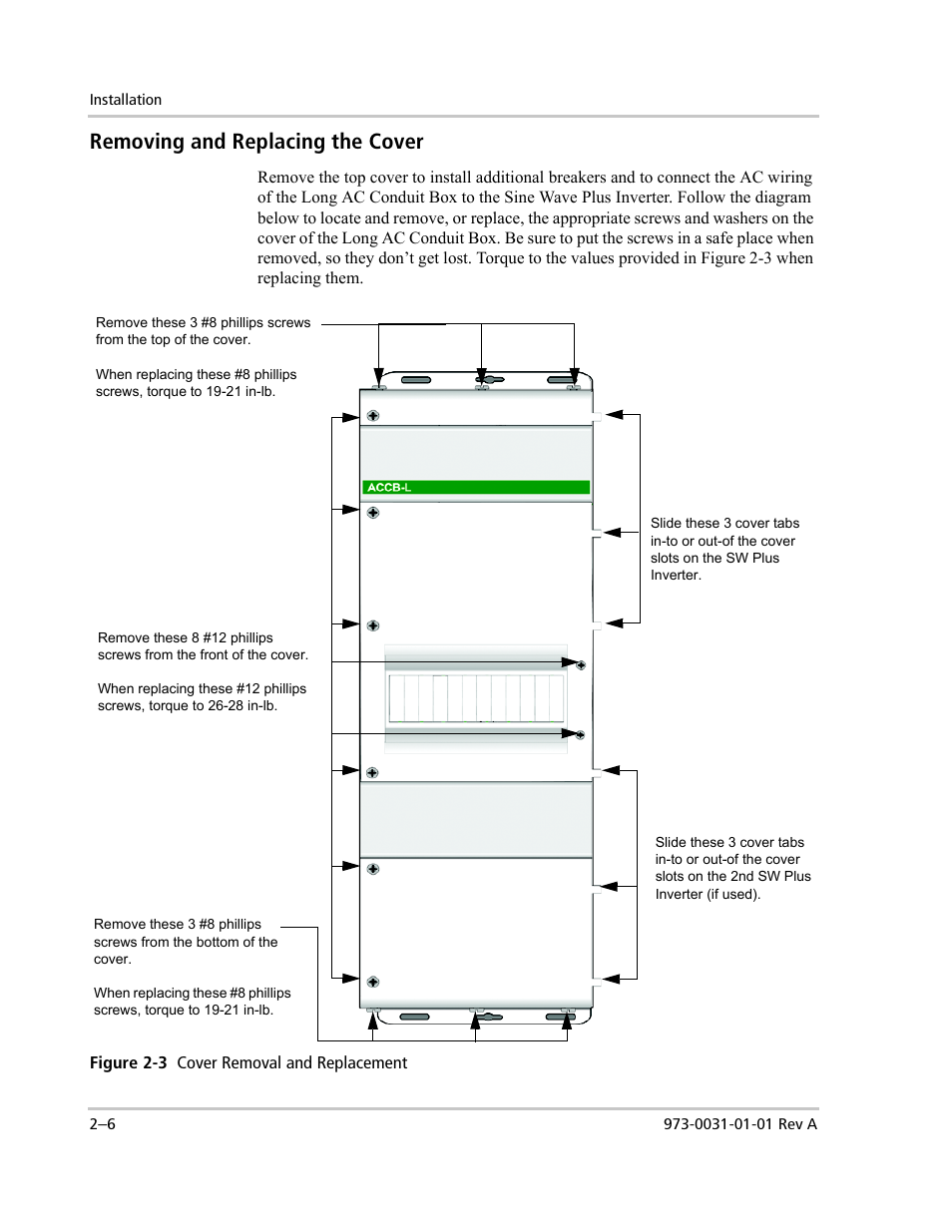 Removing and replacing the cover | Xantrex Technology ACCB-L User Manual | Page 28 / 64