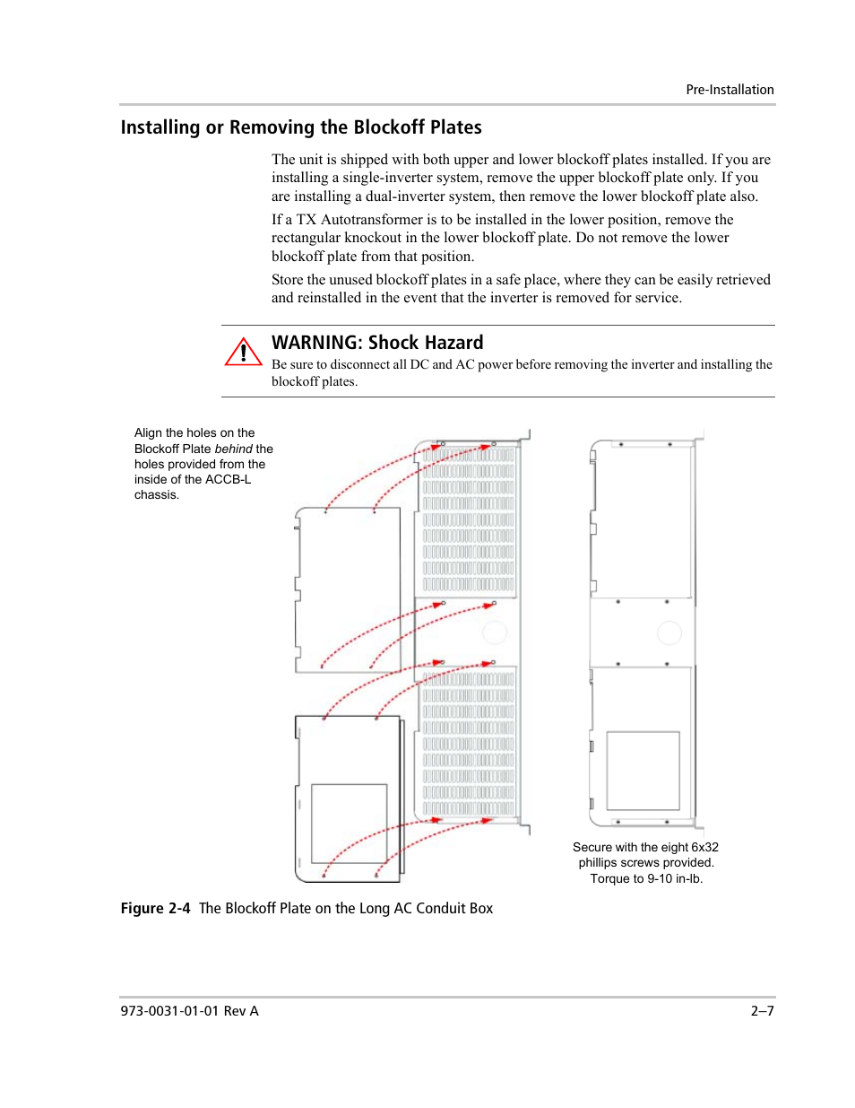 Installing or removing the blockoff plates, Warning: shock hazard | Xantrex Technology ACCB-L User Manual | Page 29 / 64