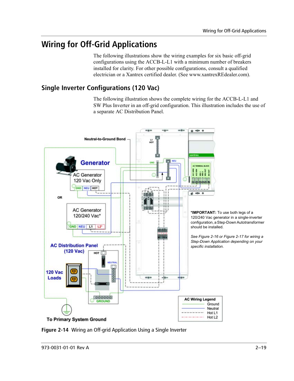 Wiring for off-grid applications, Single inverter configurations (120 vac) | Xantrex Technology ACCB-L User Manual | Page 41 / 64