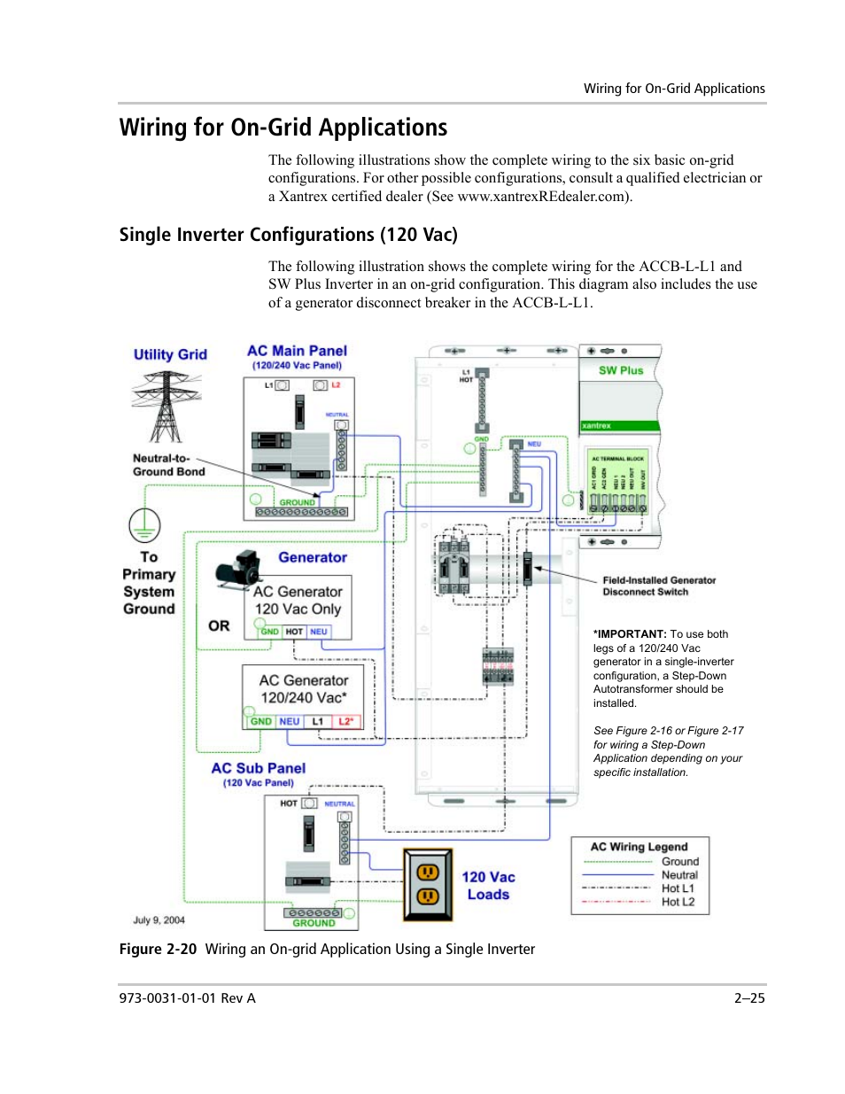Wiring for on-grid applications, Single inverter configurations (120 vac) | Xantrex Technology ACCB-L User Manual | Page 47 / 64