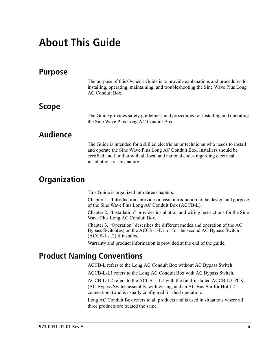 About this guide, Purpose, Scope | Audience, Organization, Product naming conventions | Xantrex Technology ACCB-L User Manual | Page 5 / 64