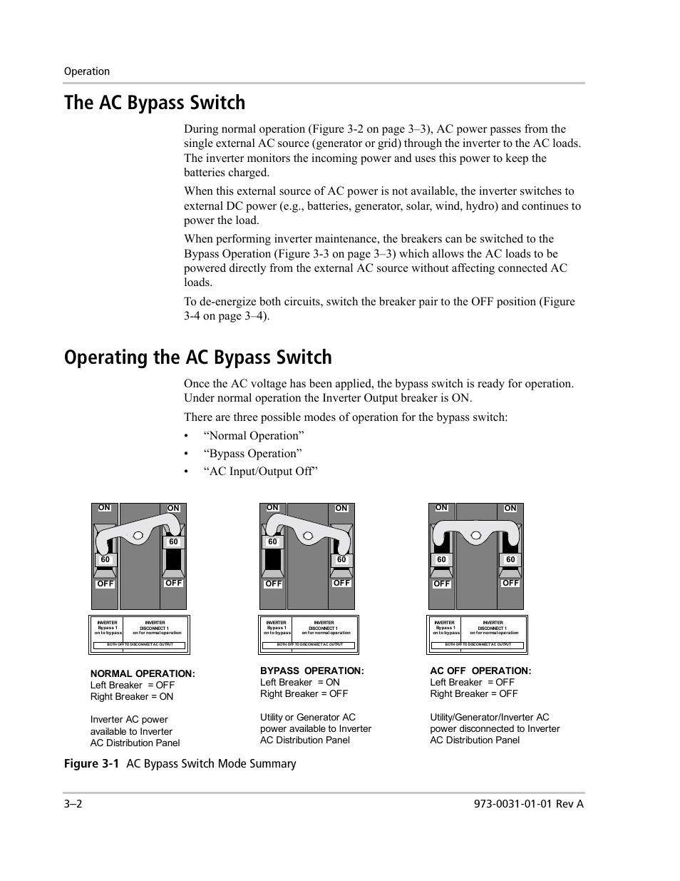 The ac bypass switch, Operating the ac bypass switch | Xantrex Technology ACCB-L User Manual | Page 54 / 64