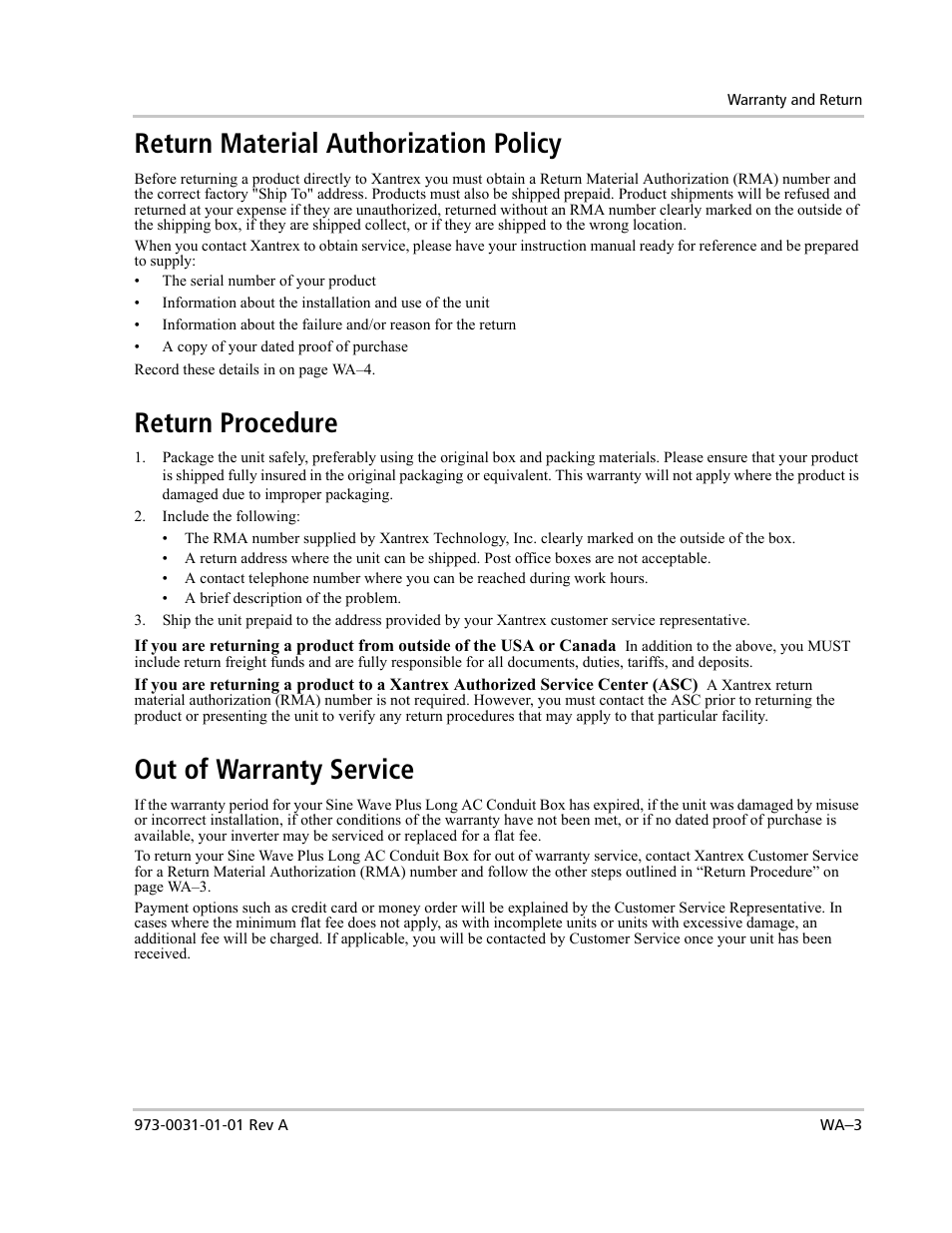 Return material authorization policy, Return procedure, Out of warranty service | Xantrex Technology ACCB-L User Manual | Page 59 / 64