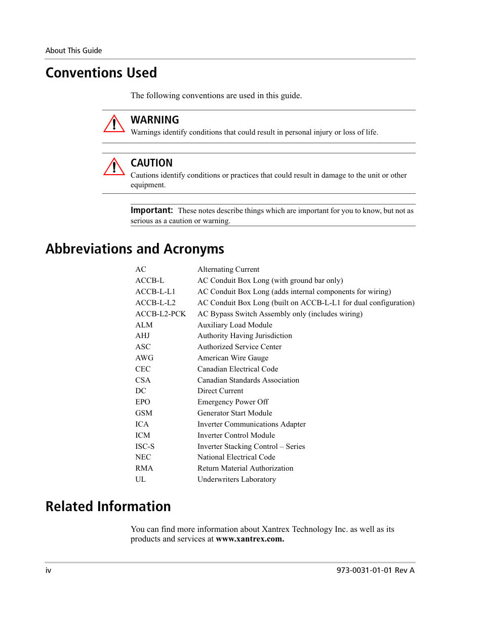 Conventions used, Abbreviations and acronyms related information, Warning | Caution | Xantrex Technology ACCB-L User Manual | Page 6 / 64