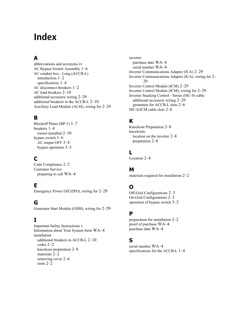 Index | Xantrex Technology ACCB-L User Manual | Page 61 / 64