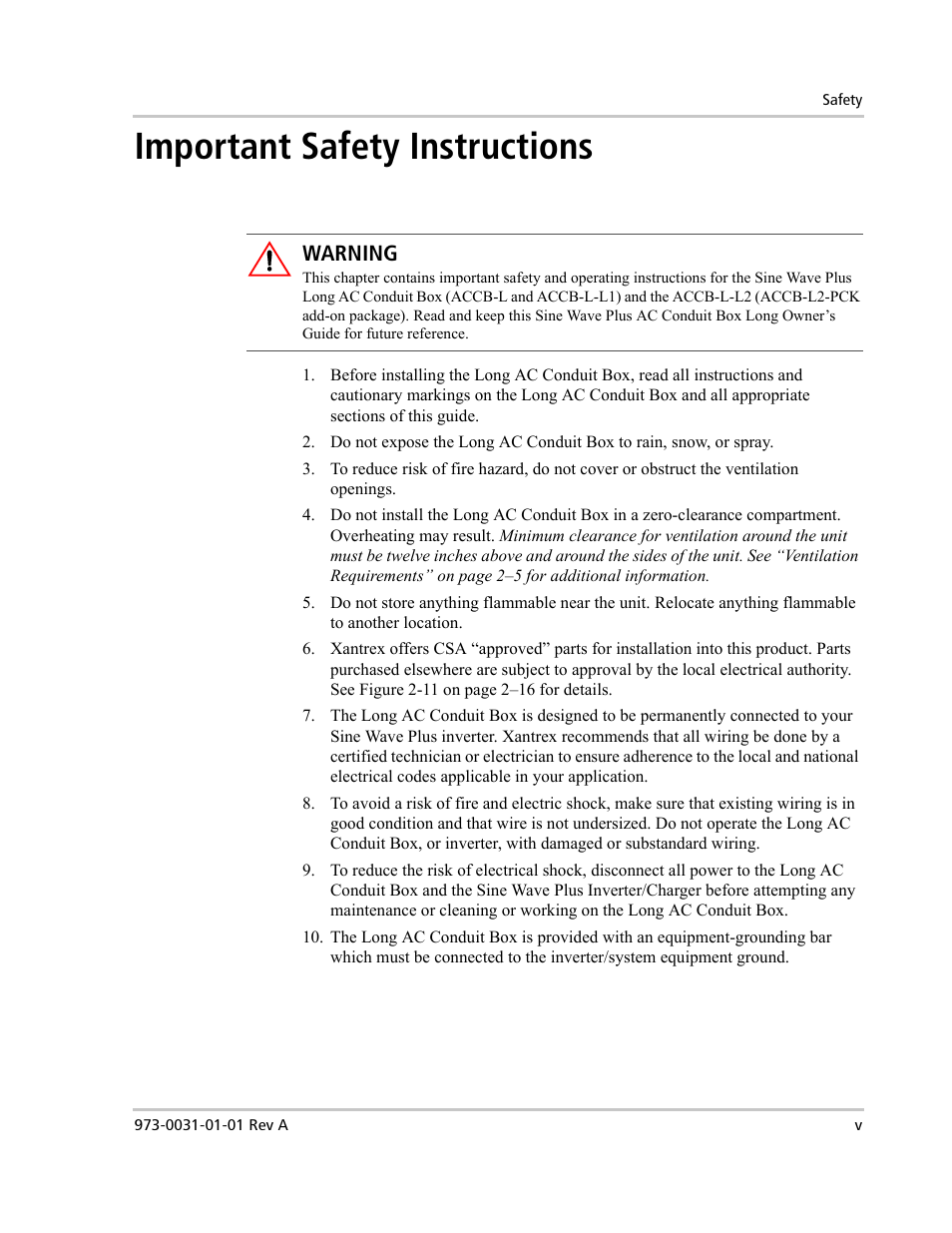 Important safety instructions | Xantrex Technology ACCB-L User Manual | Page 7 / 64