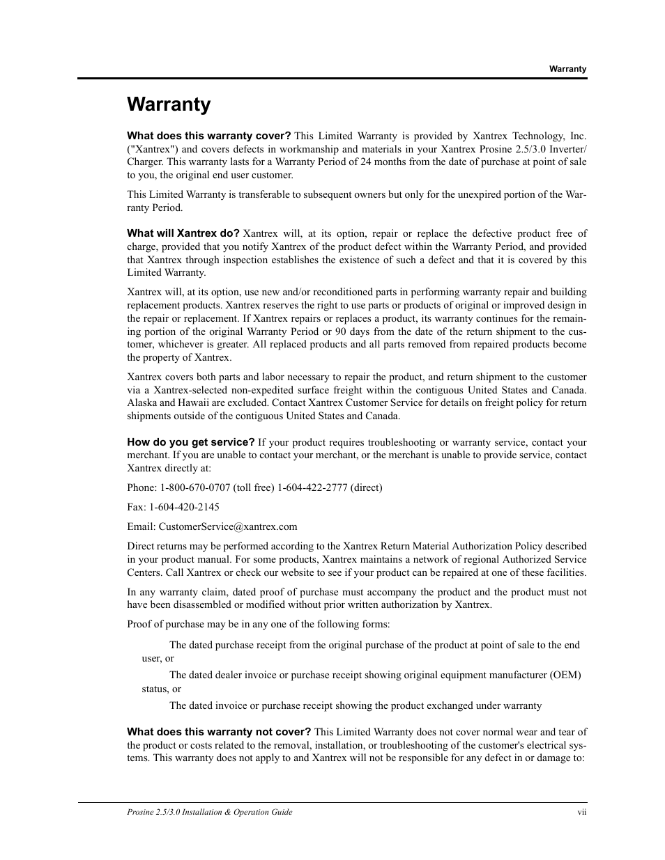 Warranty | Xantrex Technology PROSINE PS3.0 User Manual | Page 10 / 117