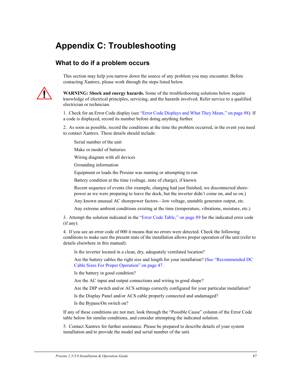 Appendix c: troubleshooting, What to do if a problem occurs | Xantrex Technology PROSINE PS3.0 User Manual | Page 104 / 117