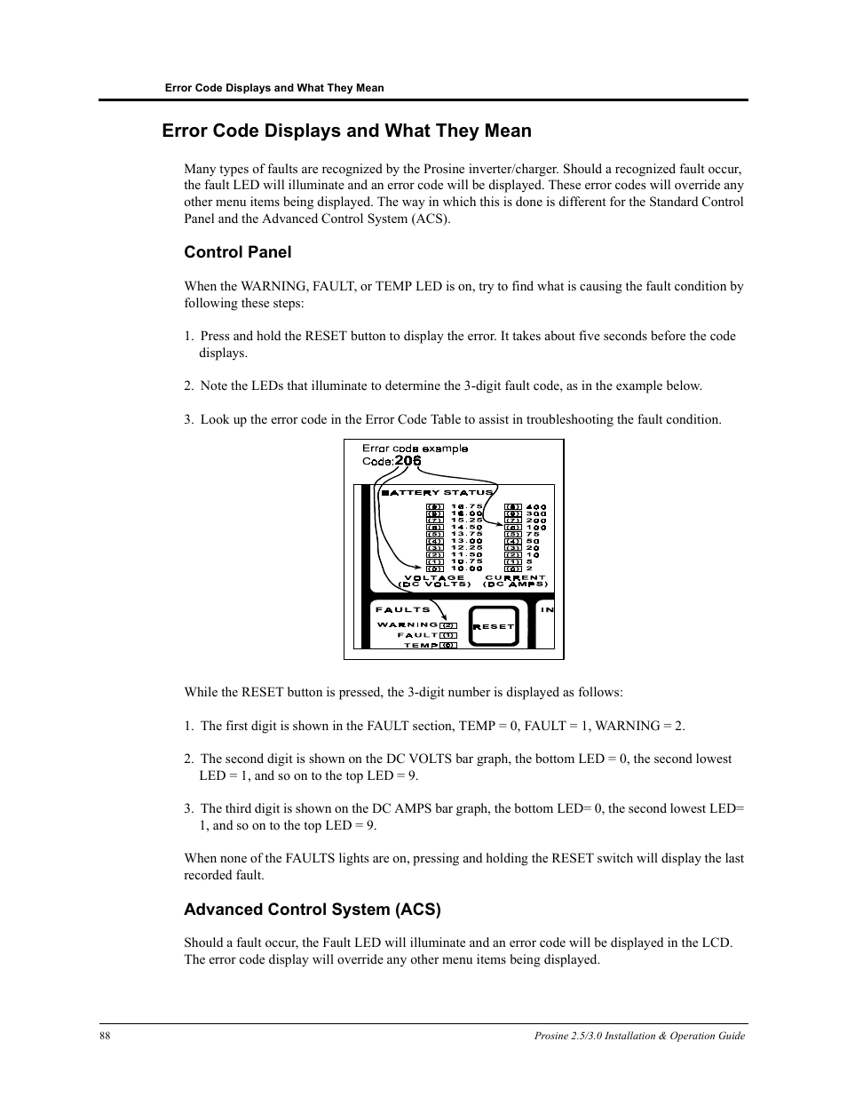 Error code displays and what they mean, Control panel advanced control system (acs) | Xantrex Technology PROSINE PS3.0 User Manual | Page 105 / 117