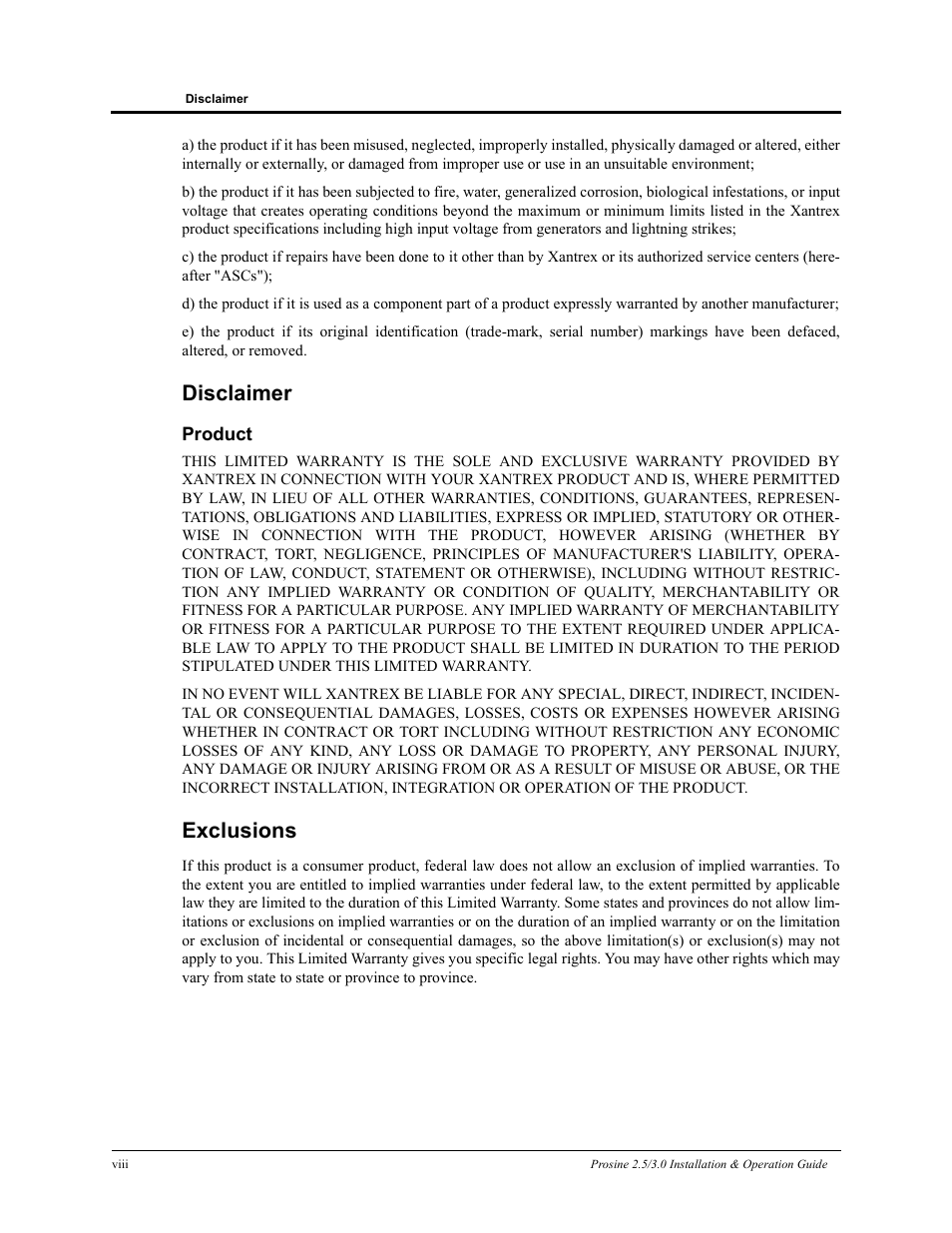 Disclaimer, Exclusions | Xantrex Technology PROSINE PS3.0 User Manual | Page 11 / 117