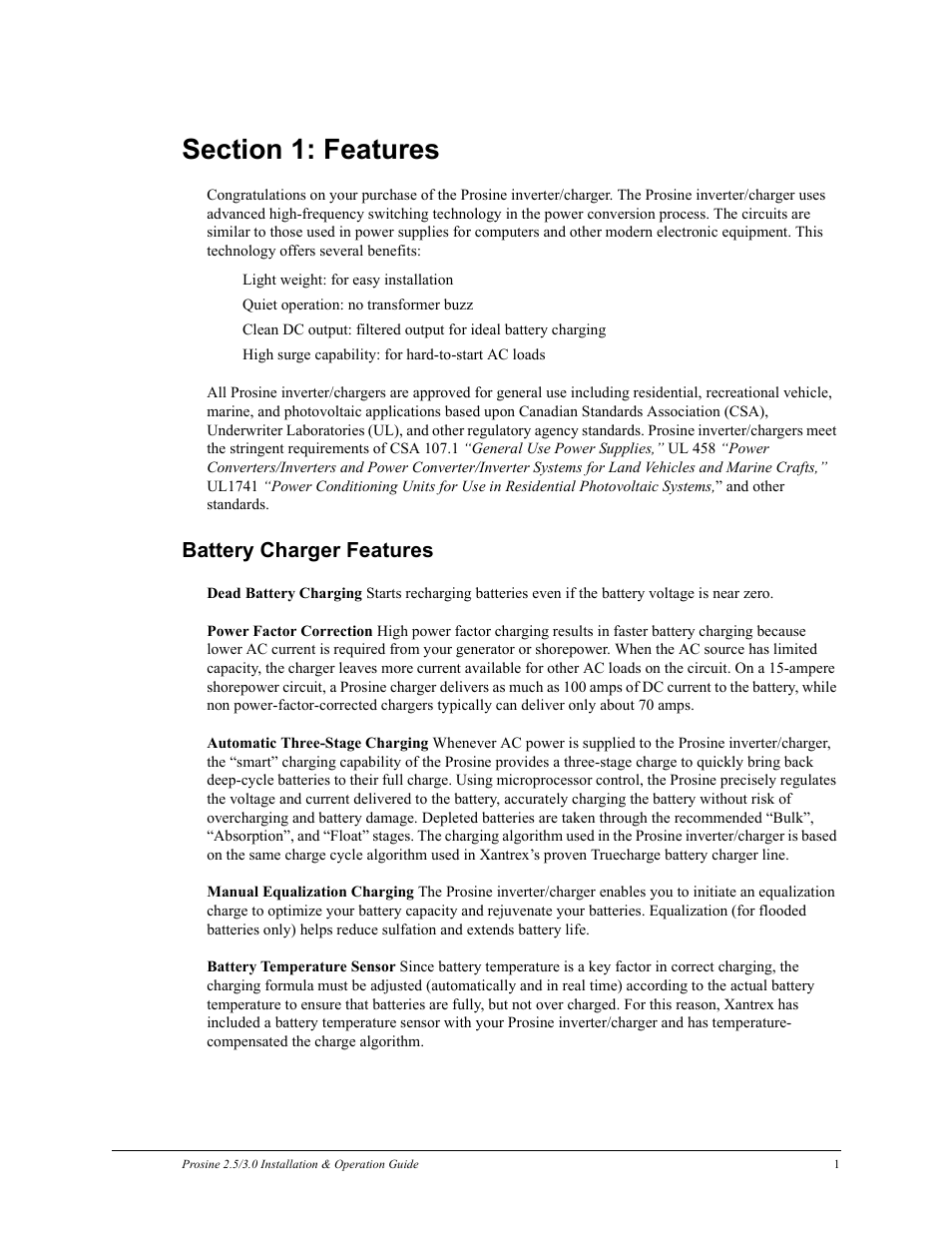 Battery charger features | Xantrex Technology PROSINE PS3.0 User Manual | Page 18 / 117
