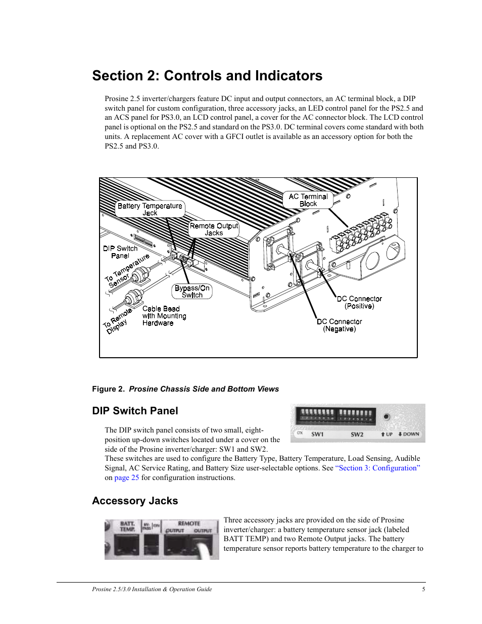 Section 2: controls and indicators, Dip switch panel accessory jacks, Dip switch panel | Accessory jacks | Xantrex Technology PROSINE PS3.0 User Manual | Page 22 / 117
