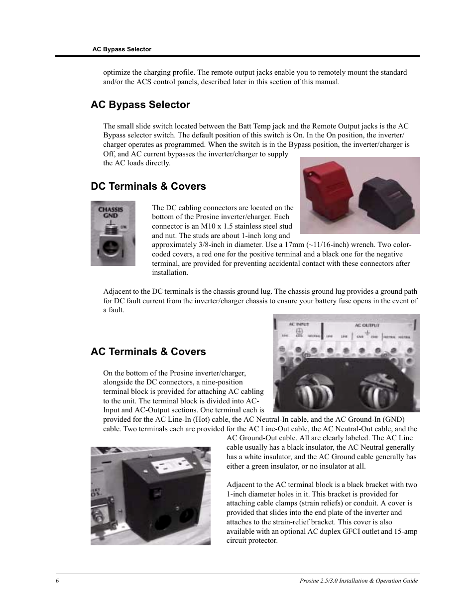 Ac bypass selector, Dc terminals & covers, Ac terminals & covers | Xantrex Technology PROSINE PS3.0 User Manual | Page 23 / 117