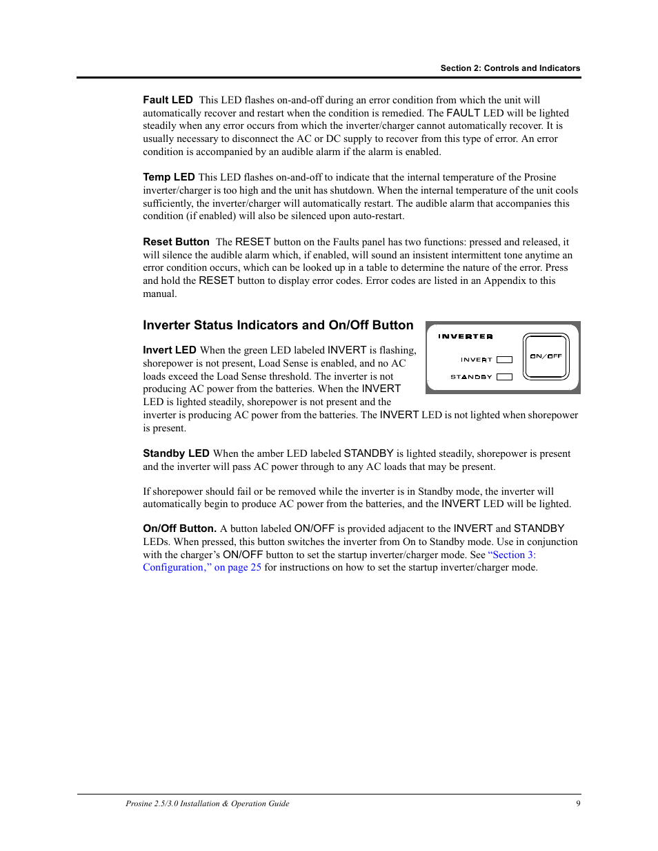 Inverter status indicators and on/off button | Xantrex Technology PROSINE PS3.0 User Manual | Page 26 / 117