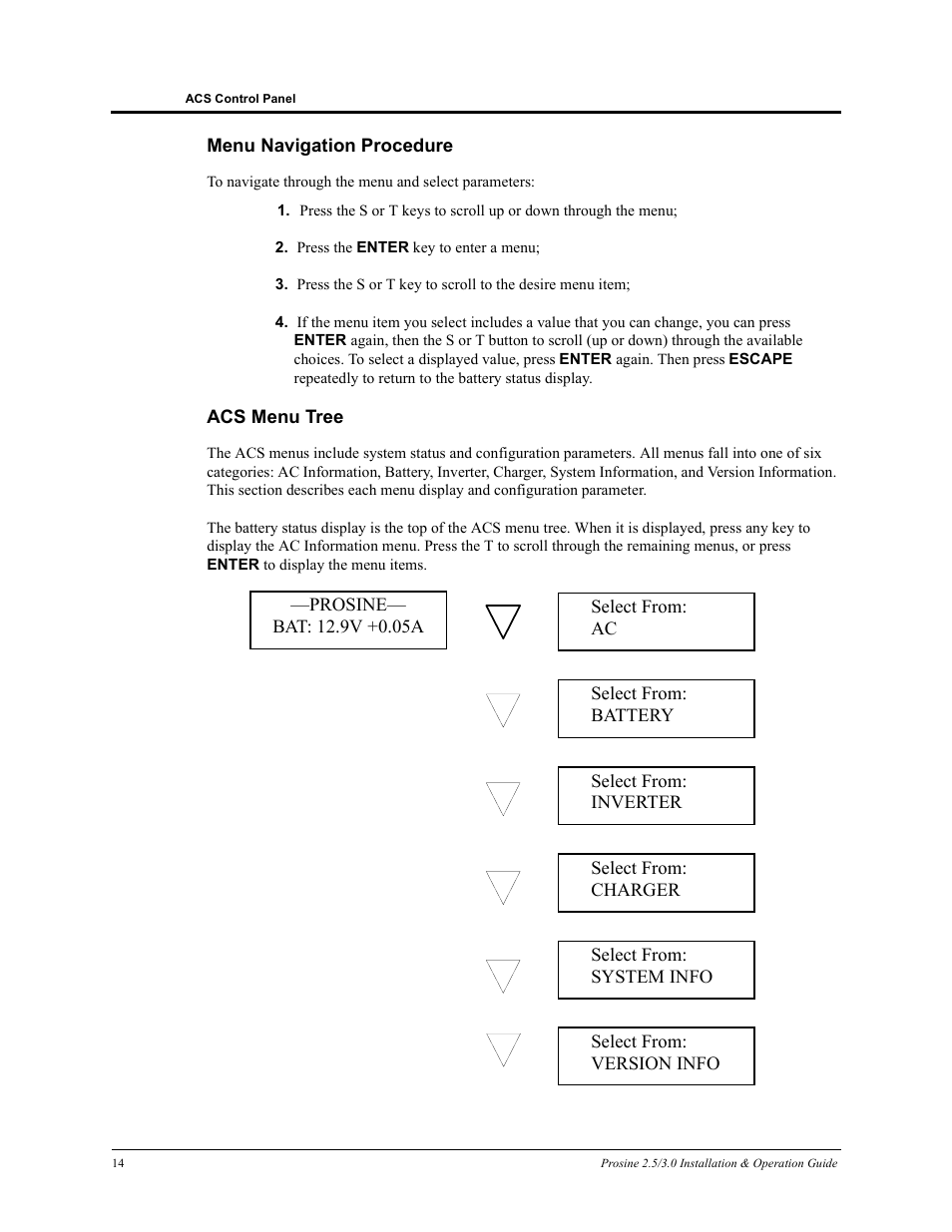 Menu navigation procedure acs menu tree | Xantrex Technology PROSINE PS3.0 User Manual | Page 31 / 117