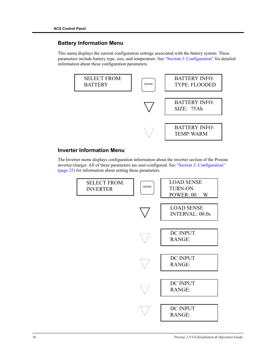 Battery information menu inverter information menu | Xantrex Technology PROSINE PS3.0 User Manual | Page 33 / 117