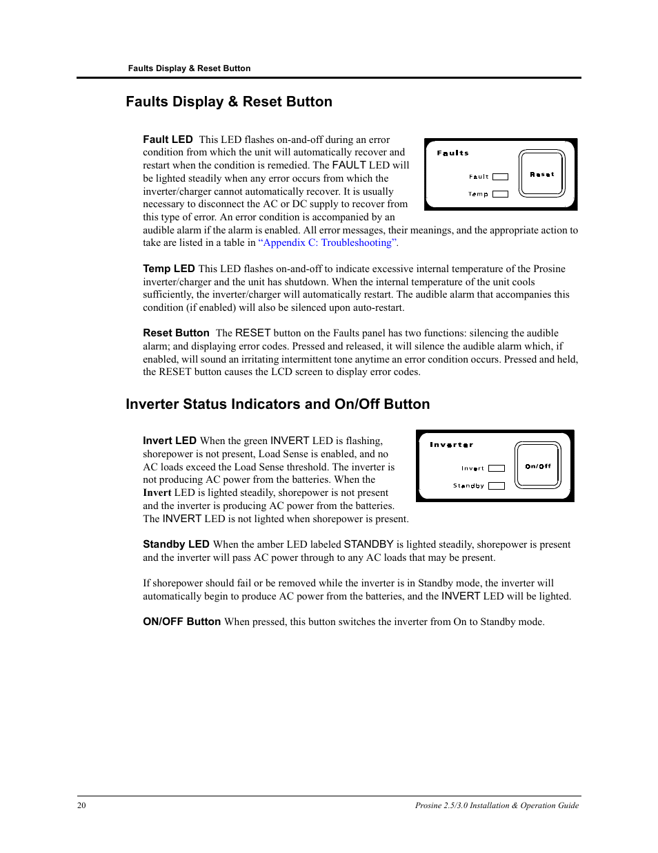 Faults display & reset button, Inverter status indicators and on/off button | Xantrex Technology PROSINE PS3.0 User Manual | Page 37 / 117
