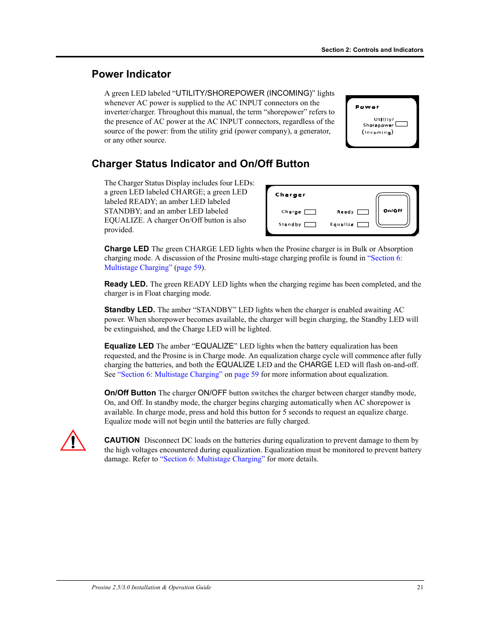 Power indicator, Charger status indicator and on/off button | Xantrex Technology PROSINE PS3.0 User Manual | Page 38 / 117
