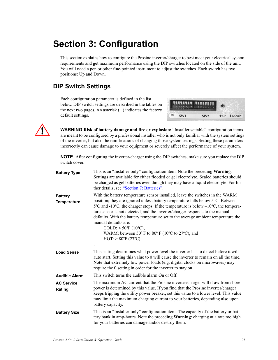 Section 3: configuration, Dip switch settings | Xantrex Technology PROSINE PS3.0 User Manual | Page 42 / 117