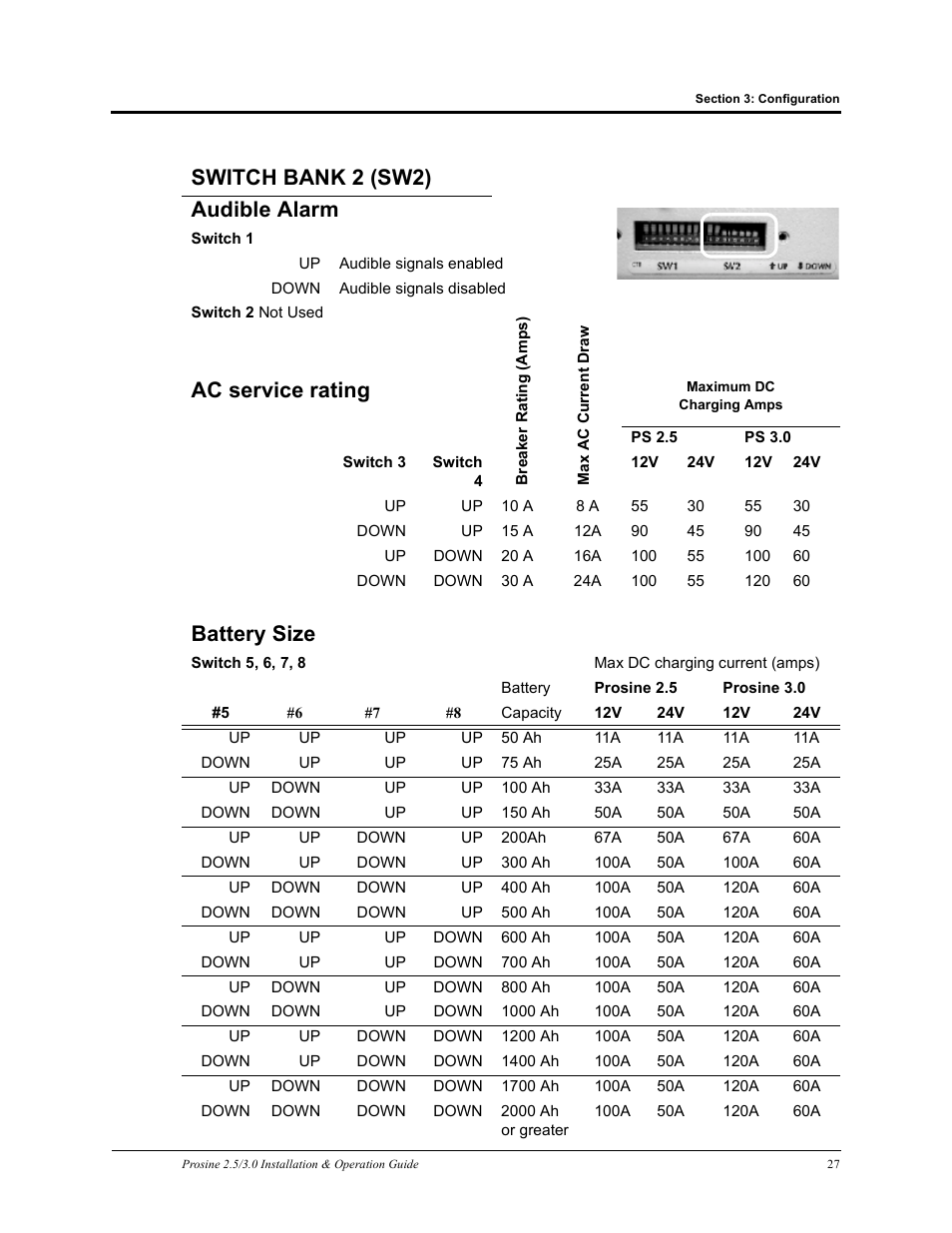 Switch bank 2 (sw2) audible alarm, Ac service rating, Battery size | Xantrex Technology PROSINE PS3.0 User Manual | Page 44 / 117