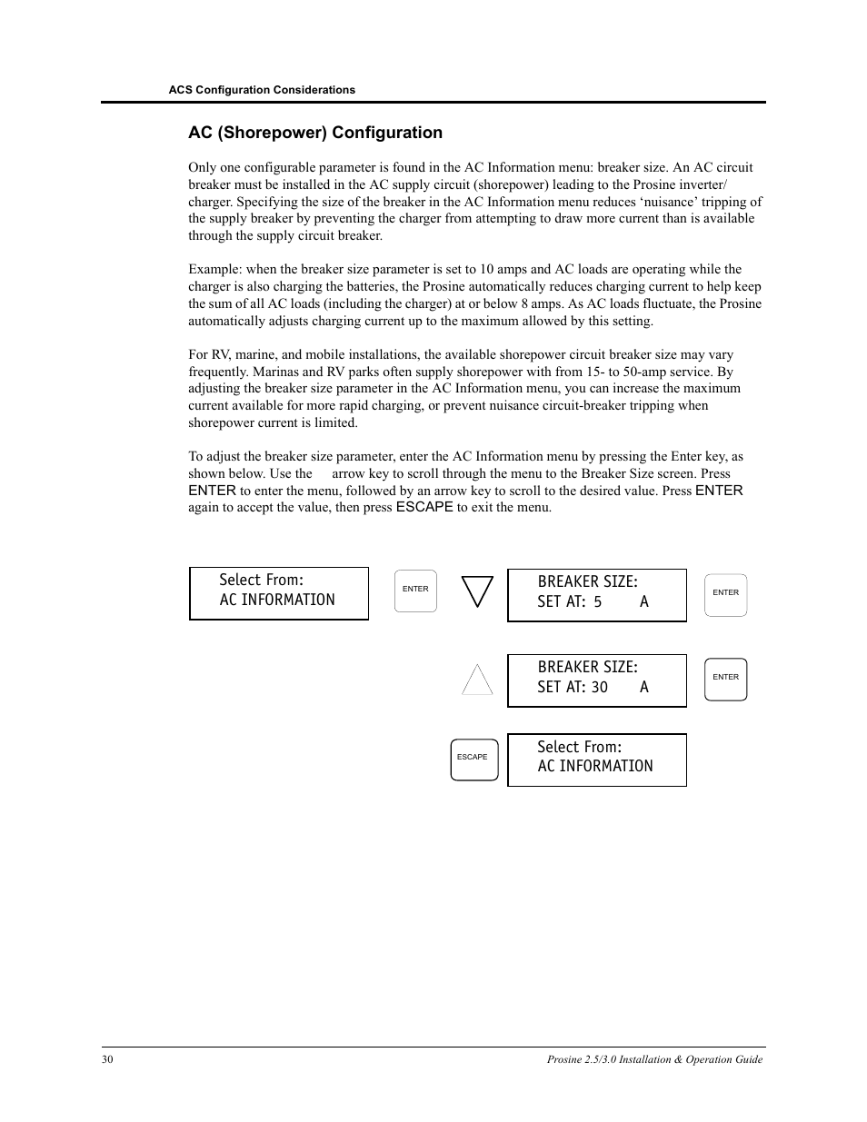 Ac (shorepower) configuration, Select from: ac information | Xantrex Technology PROSINE PS3.0 User Manual | Page 47 / 117