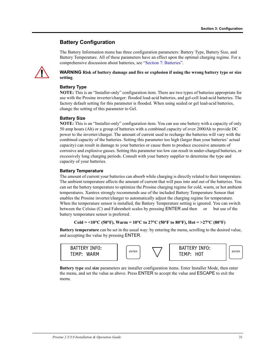 Battery configuration, Battery info: temp: warm, Battery info: temp: hot | Xantrex Technology PROSINE PS3.0 User Manual | Page 48 / 117