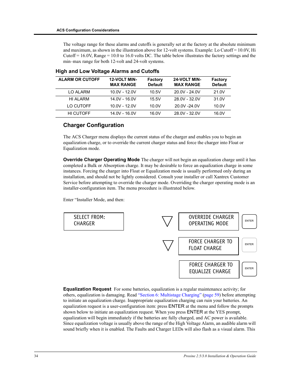 Charger configuration, Force charger to float charge, Force charger to equalize charge | Xantrex Technology PROSINE PS3.0 User Manual | Page 51 / 117