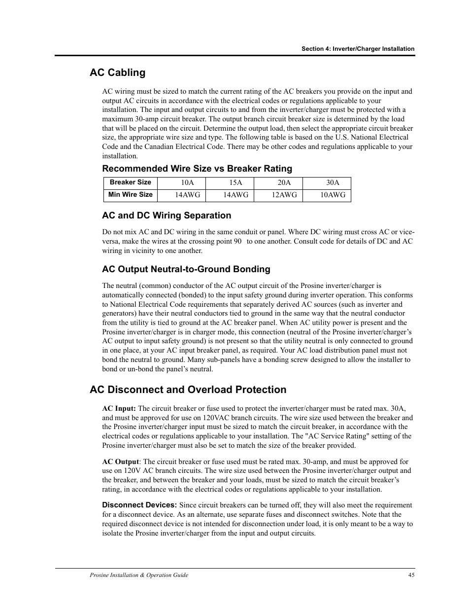 Ac cabling, Ac disconnect and overload protection | Xantrex Technology PROSINE PS3.0 User Manual | Page 62 / 117