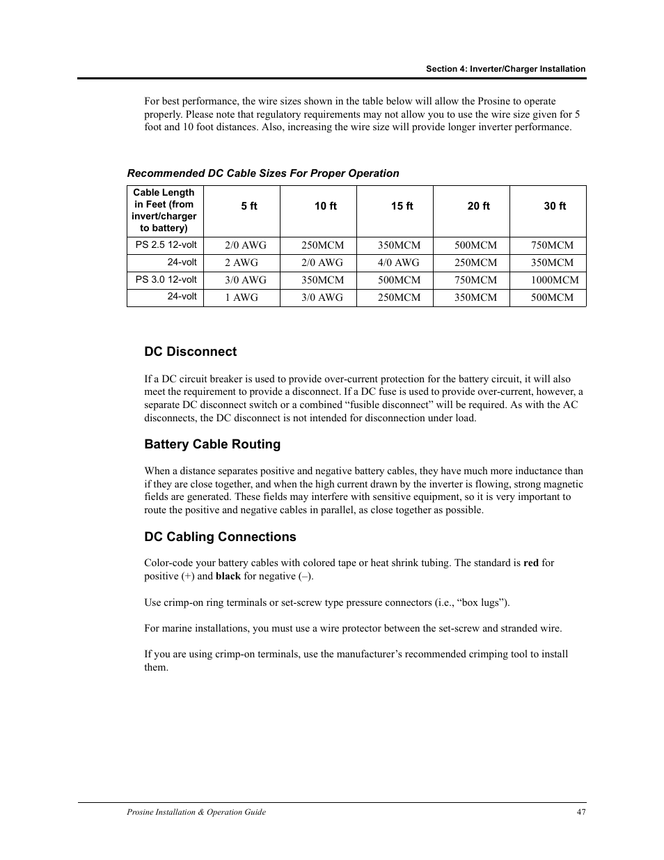 Recommended dc cable sizes for proper operation | Xantrex Technology PROSINE PS3.0 User Manual | Page 64 / 117