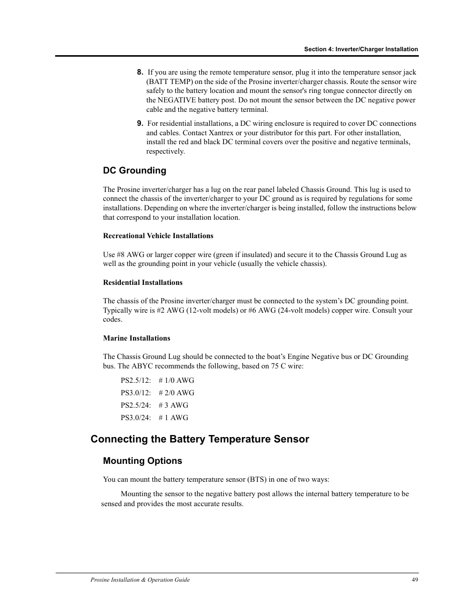 Dc grounding, Connecting the battery temperature sensor, Mounting options | Xantrex Technology PROSINE PS3.0 User Manual | Page 66 / 117