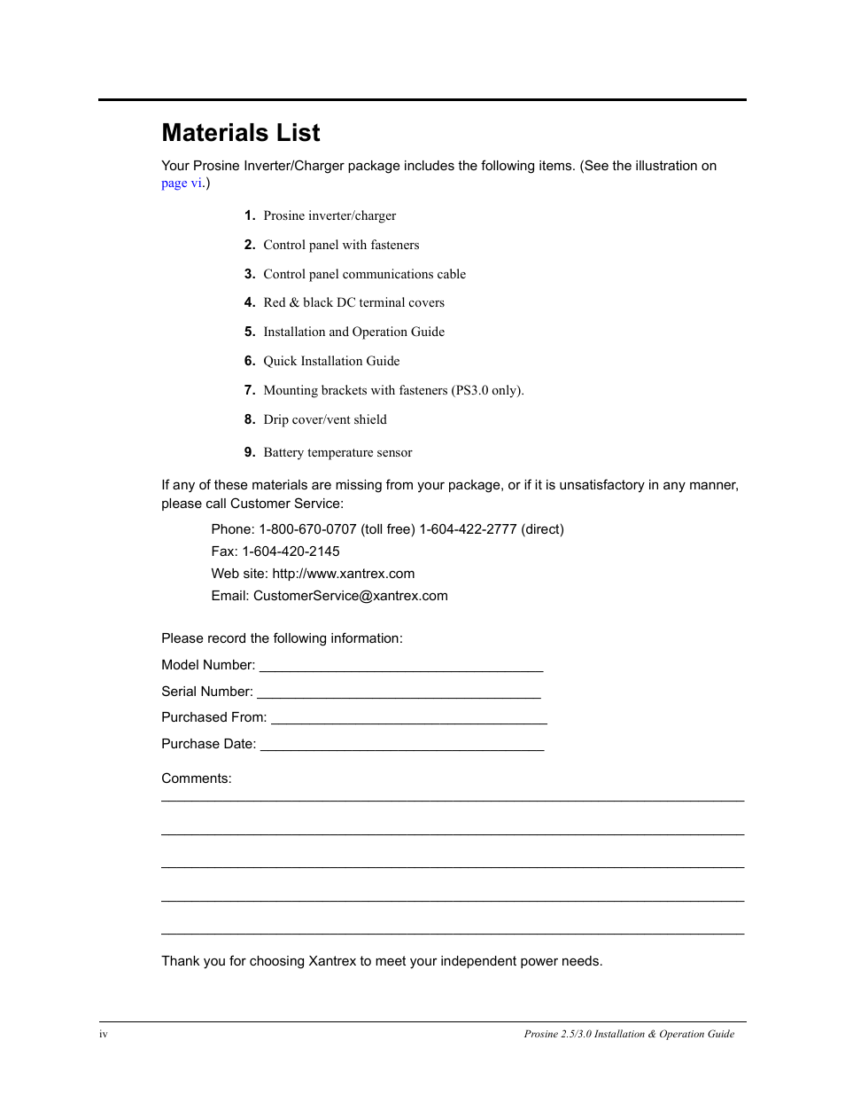 Materials list | Xantrex Technology PROSINE PS3.0 User Manual | Page 7 / 117