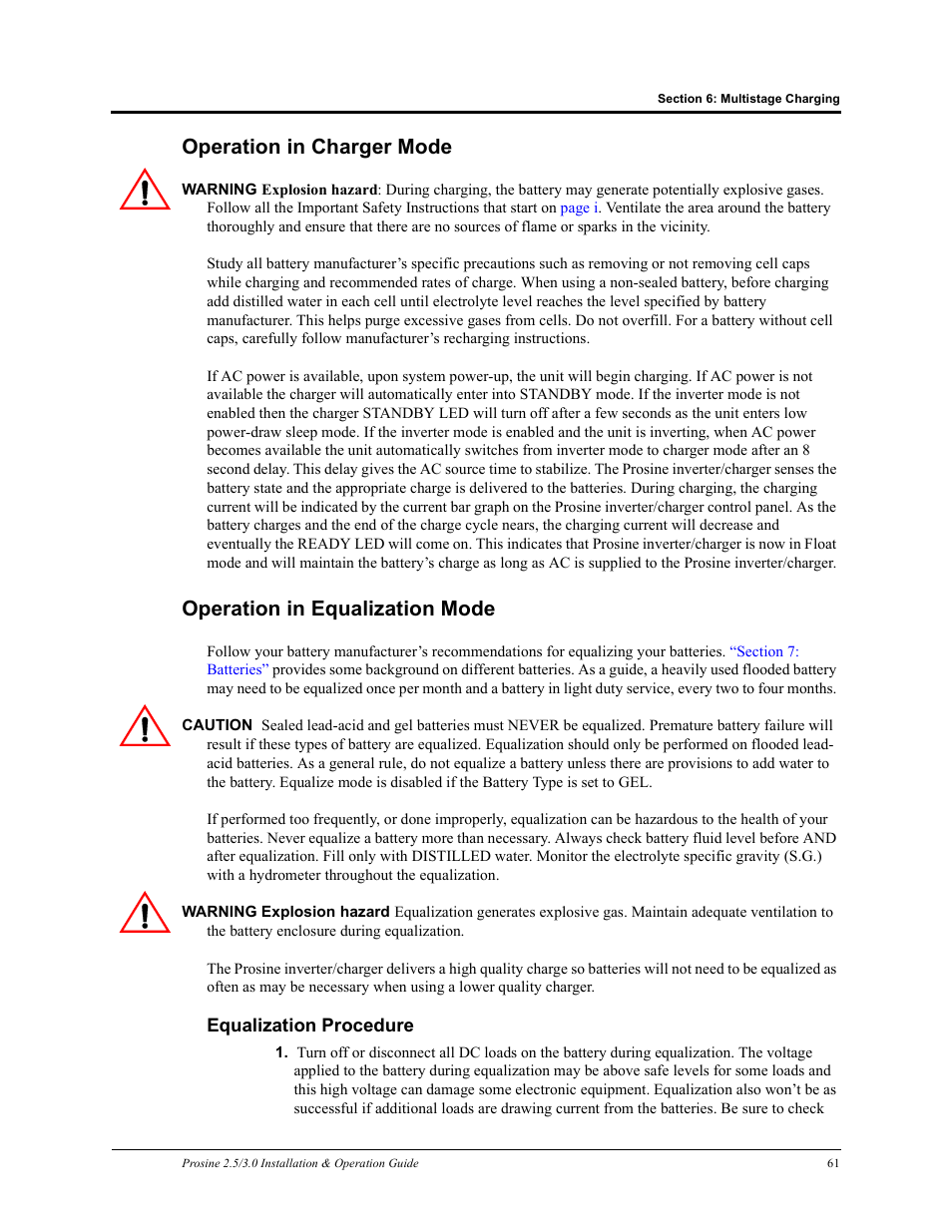 Equalization procedure, Operation in charger mode, Operation in equalization mode | Xantrex Technology PROSINE PS3.0 User Manual | Page 78 / 117