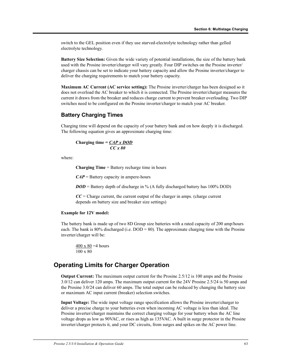 Battery charging times, Operating limits for charger operation | Xantrex Technology PROSINE PS3.0 User Manual | Page 80 / 117