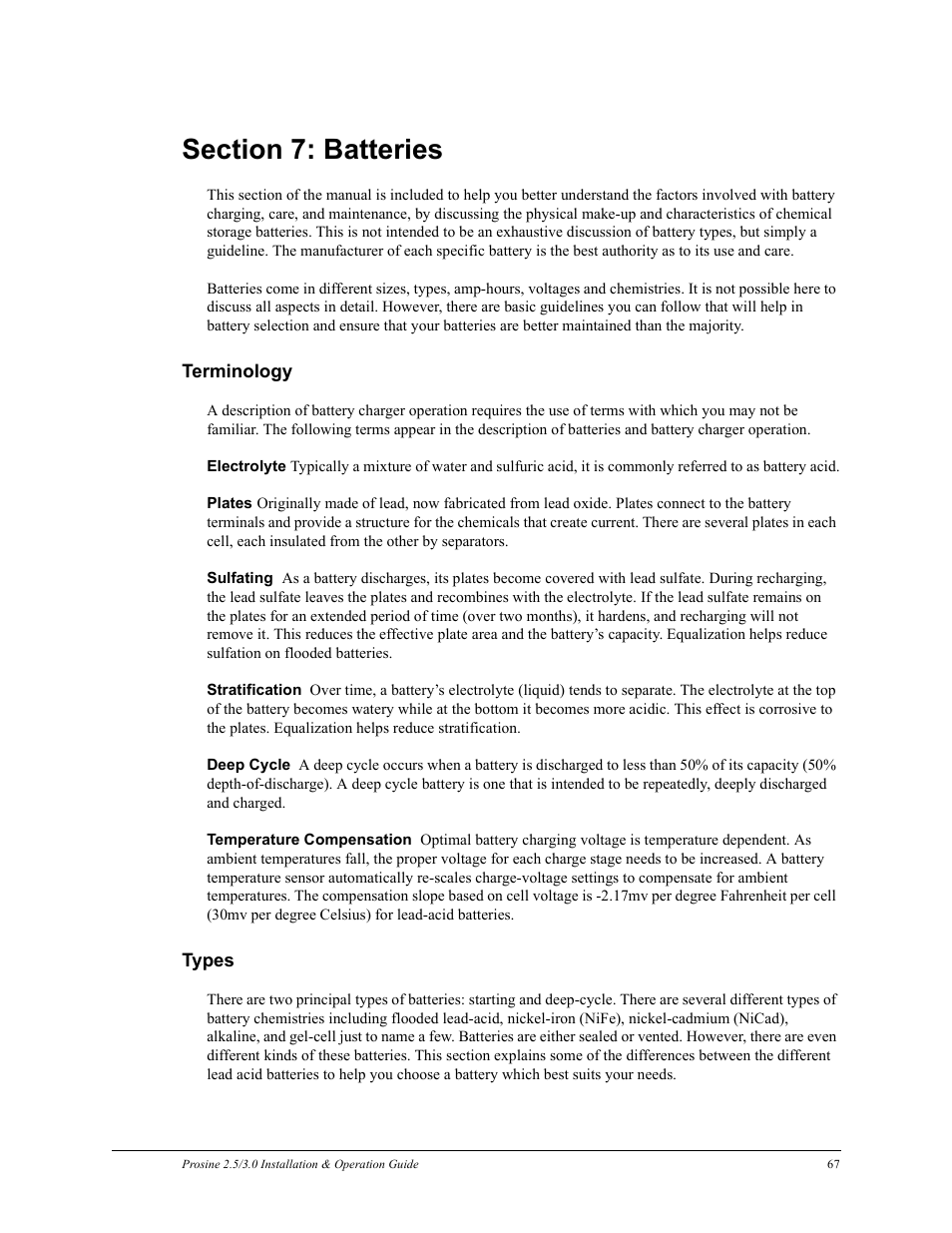 Section 7: batteries, Terminology types, Section 7 | Batteries | Xantrex Technology PROSINE PS3.0 User Manual | Page 84 / 117