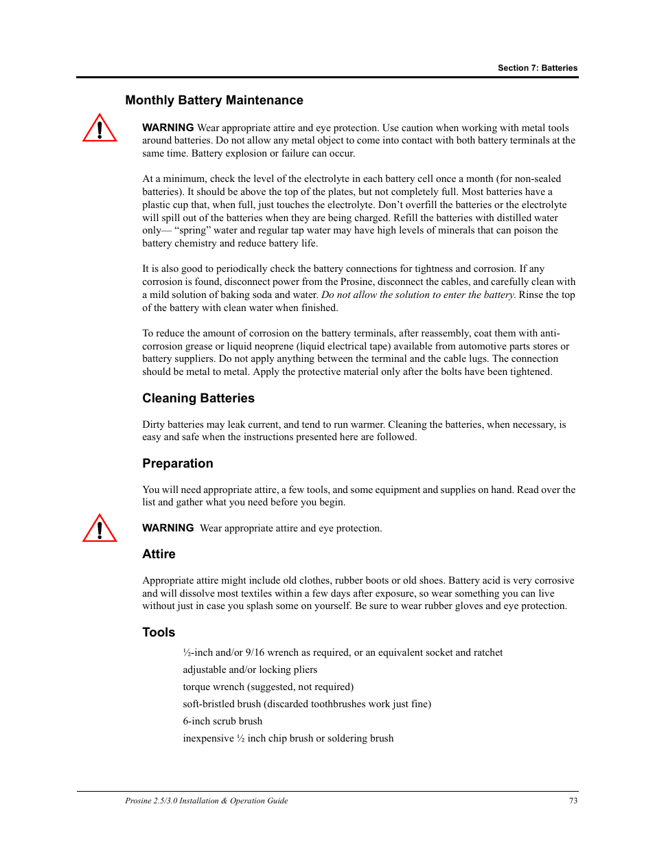 Monthly battery maintenance, Cleaning batteries preparation attire tools | Xantrex Technology PROSINE PS3.0 User Manual | Page 90 / 117